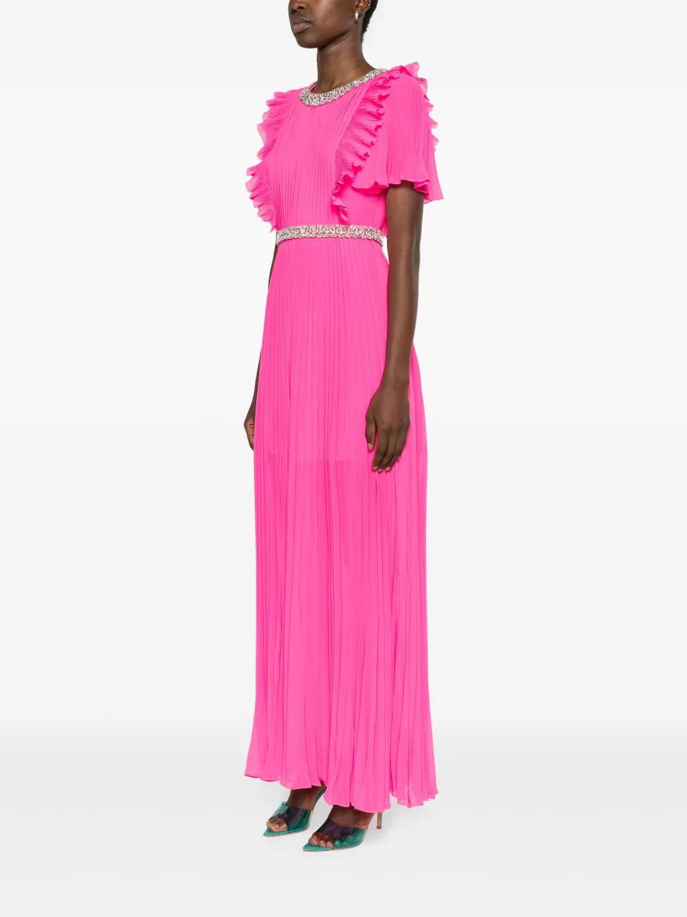 Shop Self-portrait Pleated Chiffon Maxi Dress In Rosa