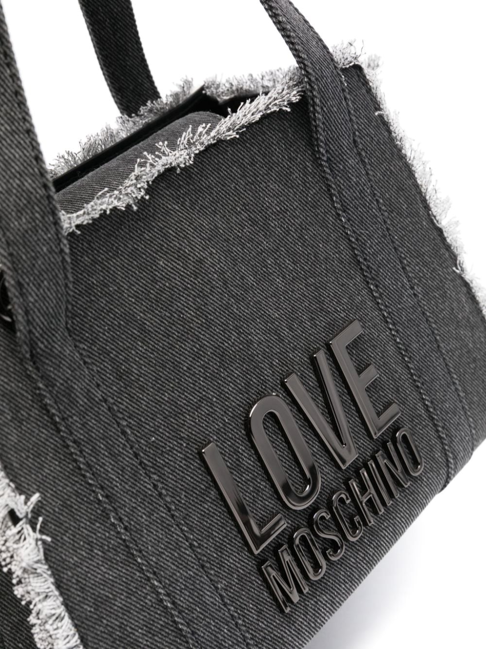 Shop Love Moschino Frayed Denim Tote Bag In Black
