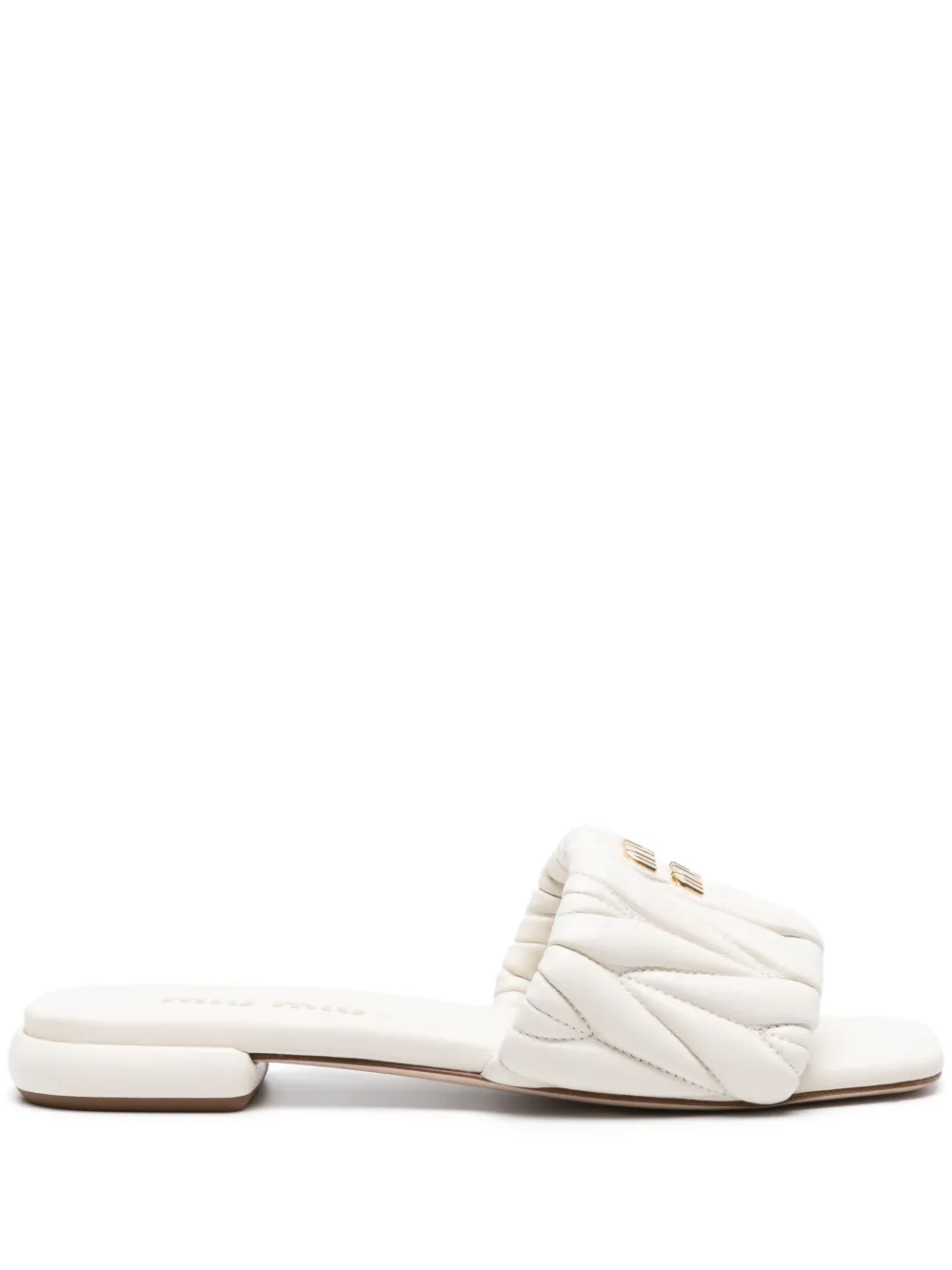 Miu logo-lettering matelassé slides White