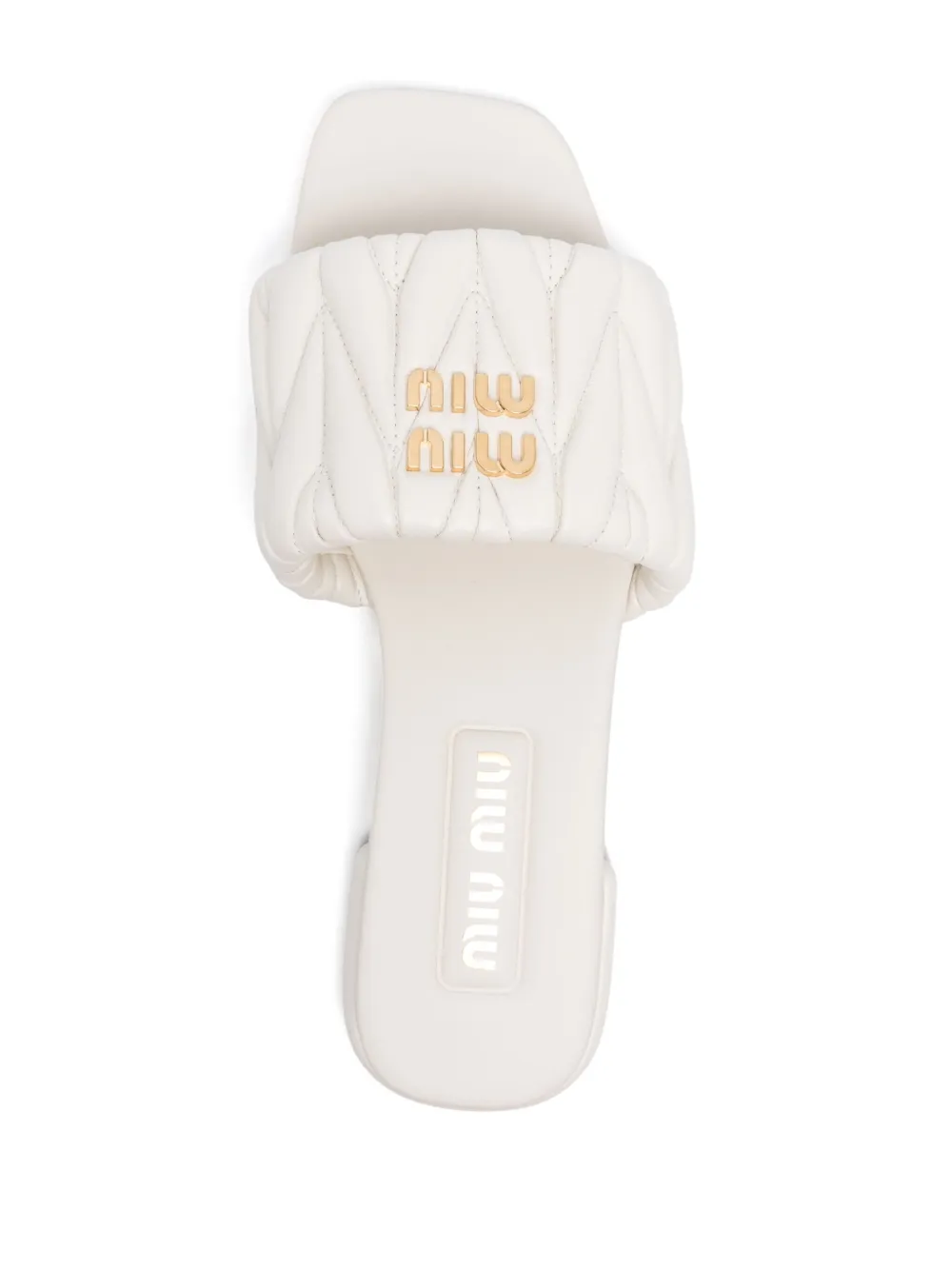 Miu logo-lettering matelassé slides White