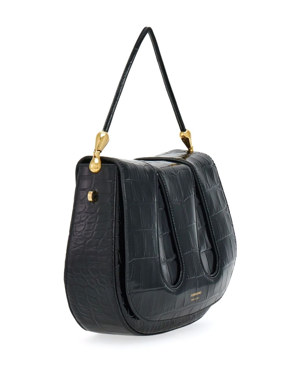 Shop Ferragamo Crocodile-effect Leather Shoulder Bag In Black
