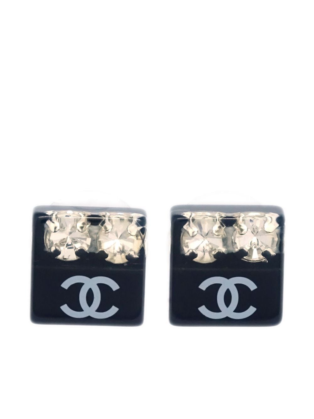 Pre-owned Chanel 2005 Rhinestone-embellished Cc-stamped Clip-on Earrings In Black
