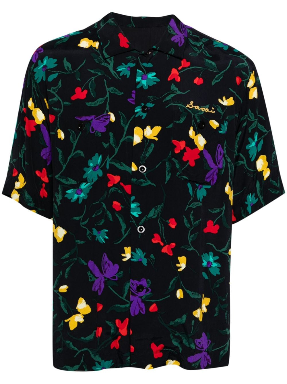 Sacai Embroidered-logo Floral-print Shirt In Blue