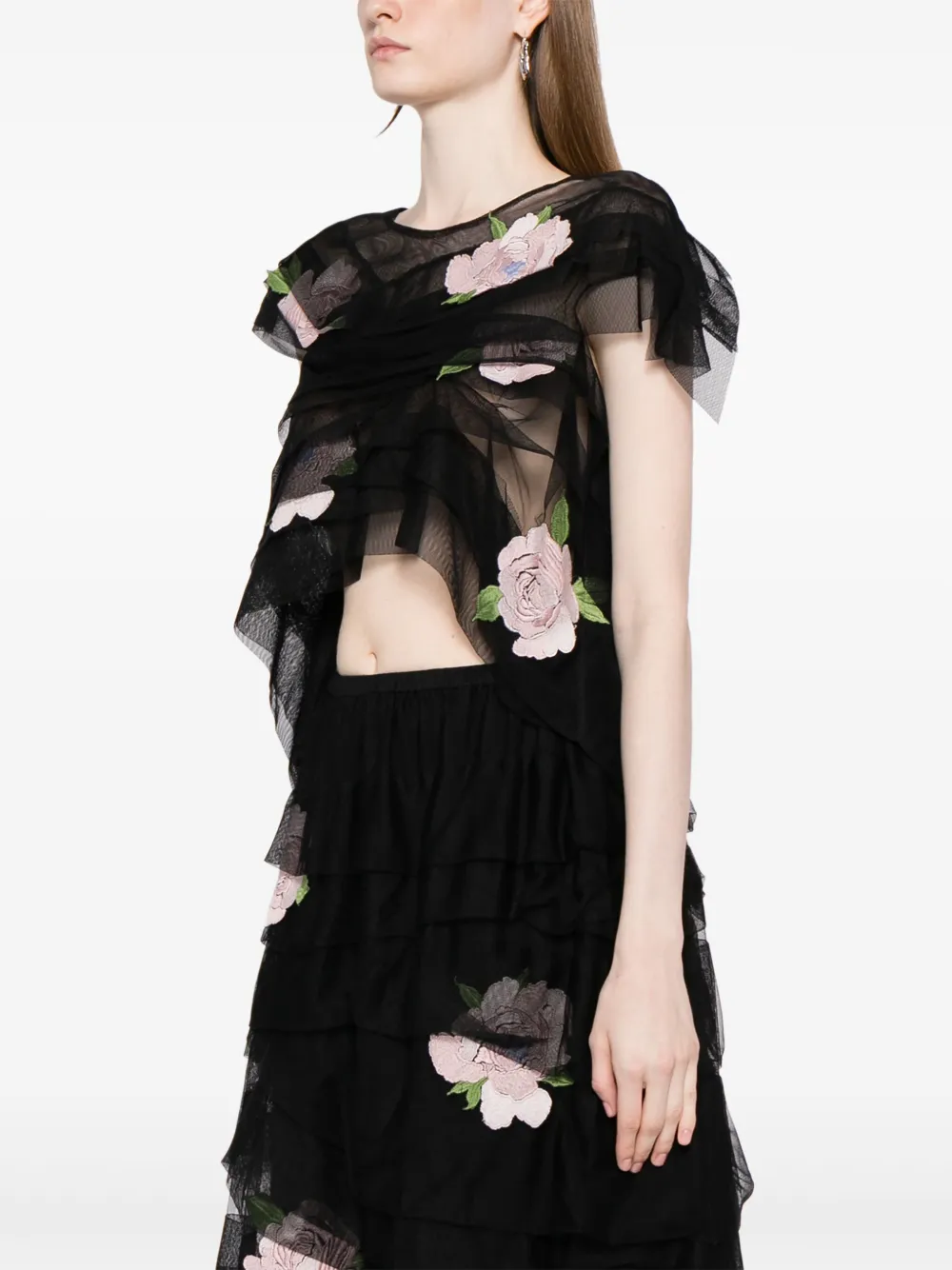 CAROLINE HU Top met bloemenprint Zwart