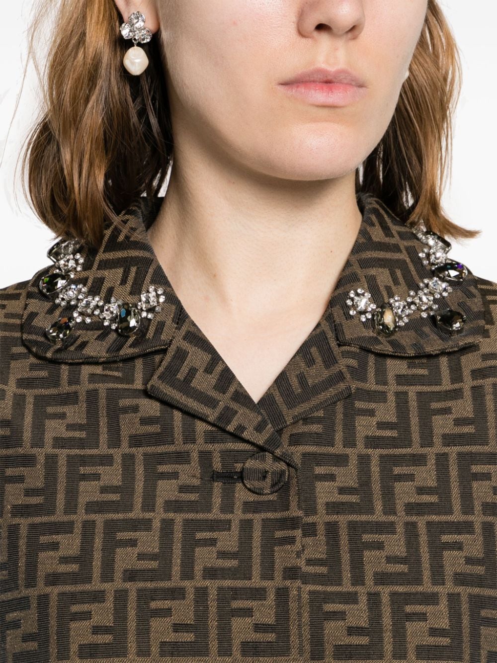 Shop Fendi Ff-patterned Crystal-embellished Long Coat In Brown