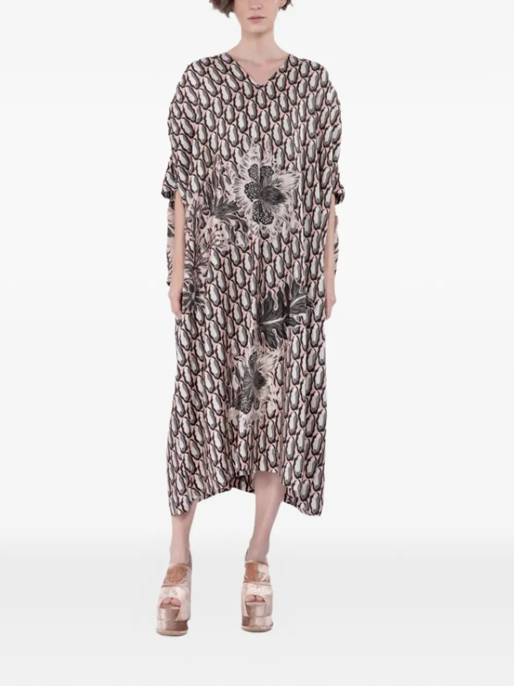 Biyan opened-sleeve printed midi dress - Toni neutri