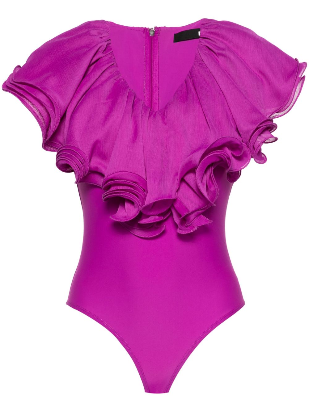 Shop Rotate Birger Christensen Off-shoulder Ruffled Bodysuit In Purple