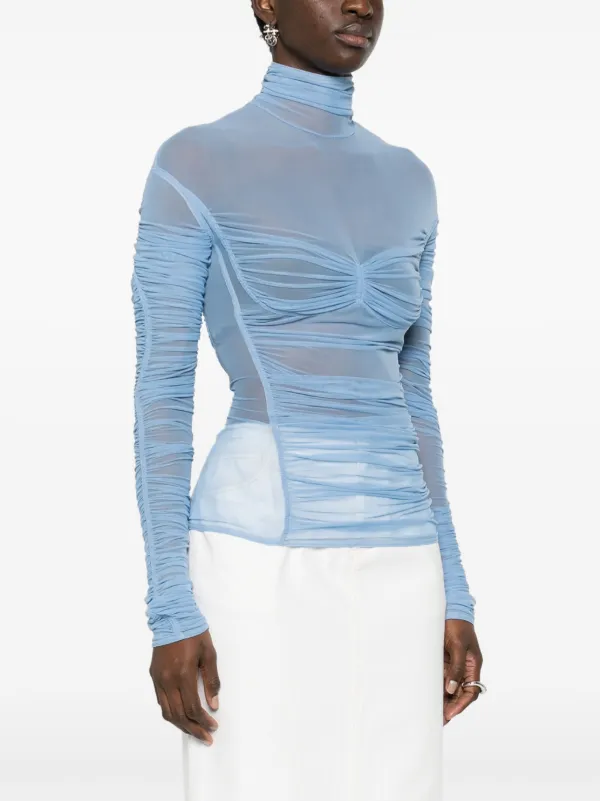 Mugler Mesh Ruched Top | Blue | FARFETCH