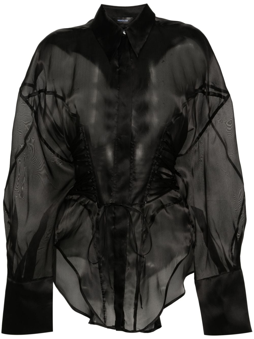 Mugler Lace-up Detailing Silk Shirt In Black