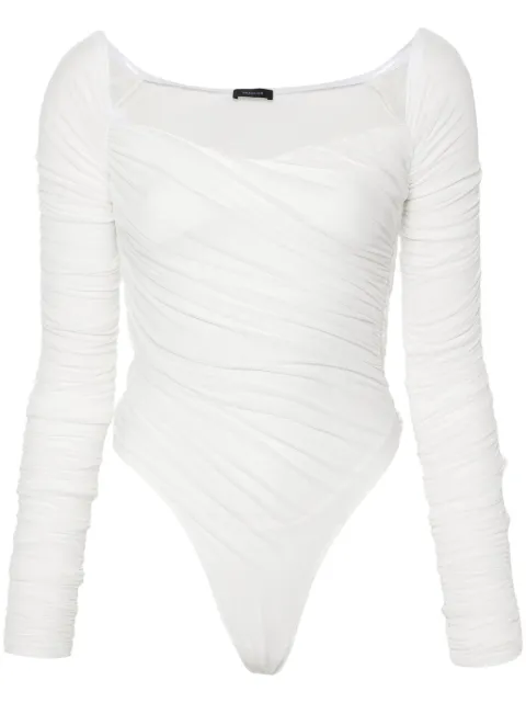 Mugler off-shoulder ruched mesh bodysuit
