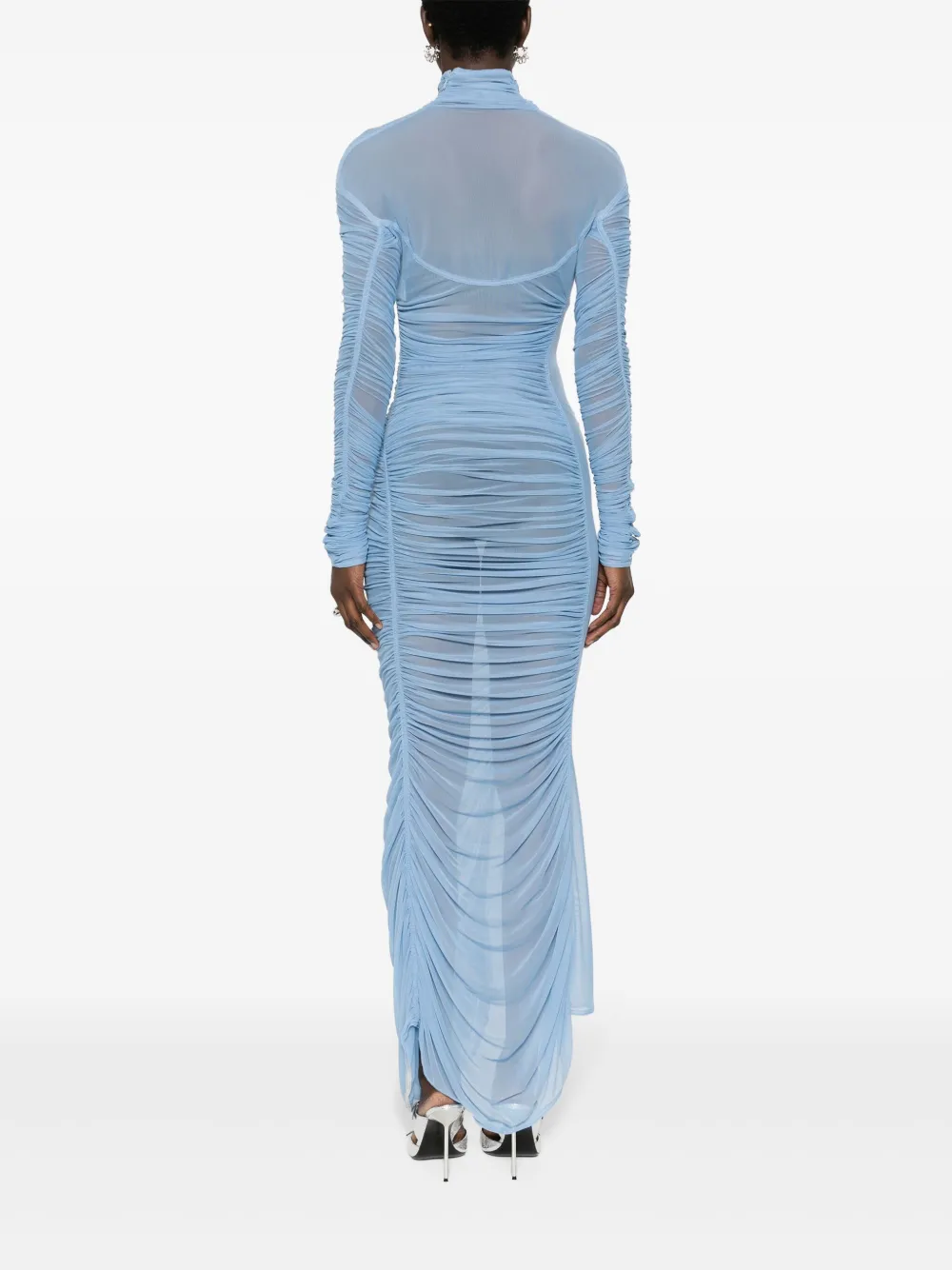 Mugler Ruched Mesh Maxi Dress In Blue