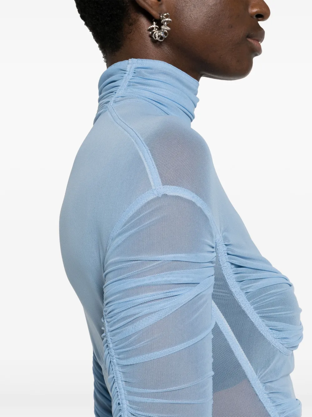 Mugler Ruched Mesh Maxi Dress In Blue