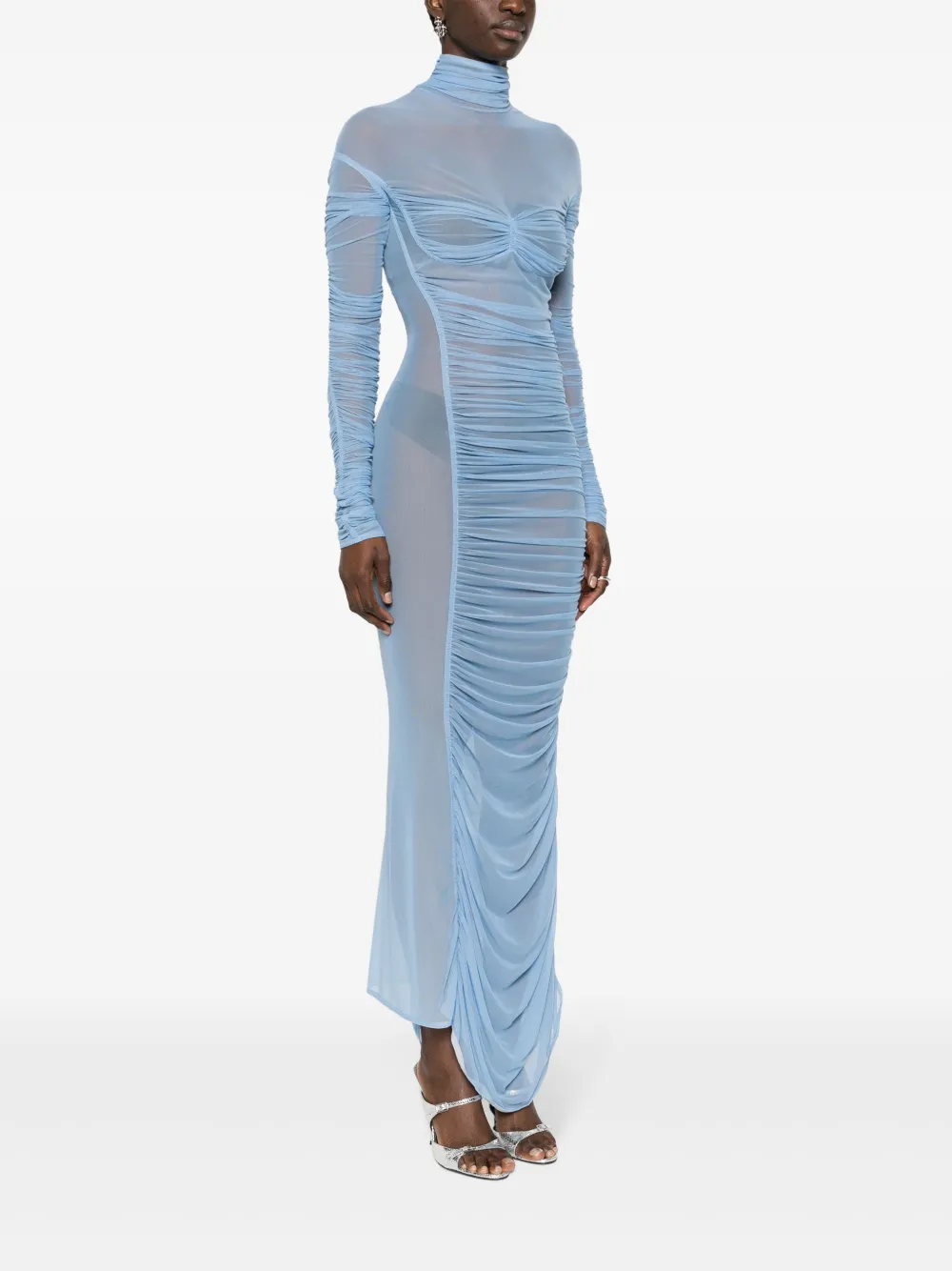 Mugler Ruched Mesh Maxi Dress In Blue