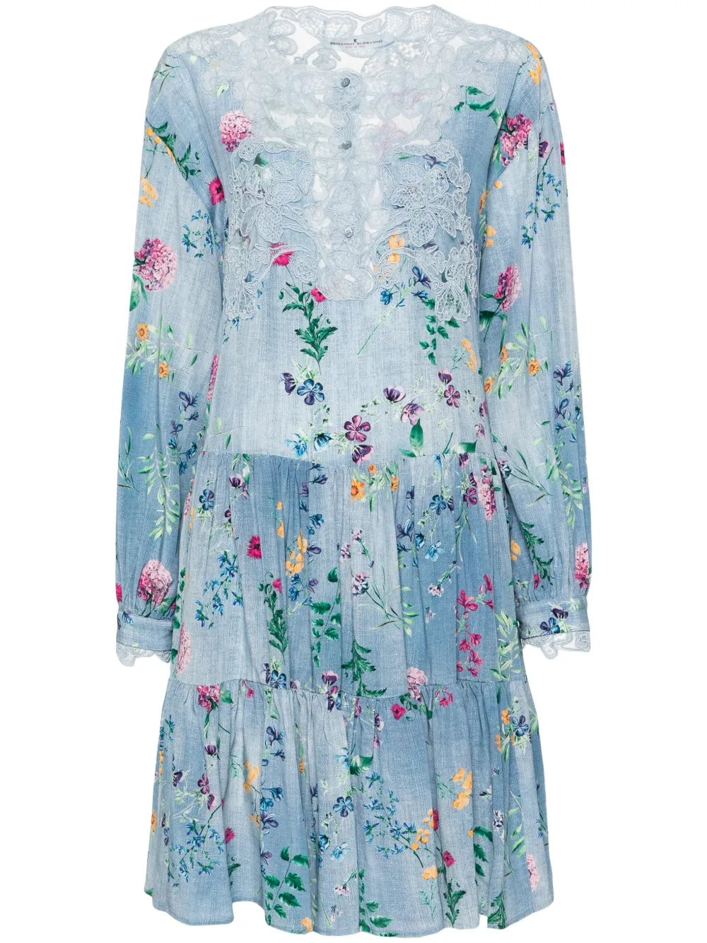 Ermanno Scervino Floral-print Silk Mini Dress In Blue