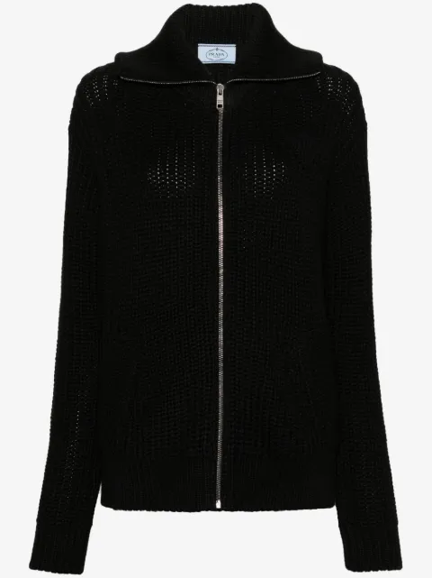 Prada enamel-triangle zip-up cardigan