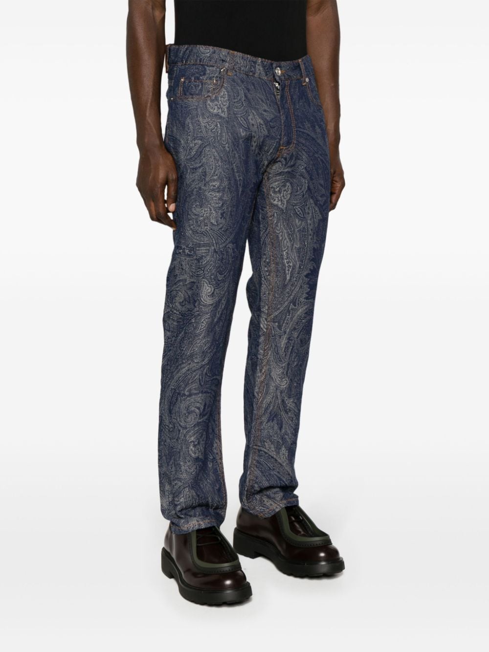 Shop Etro Paisley-jacquard Straight-leg Trousers In Blue