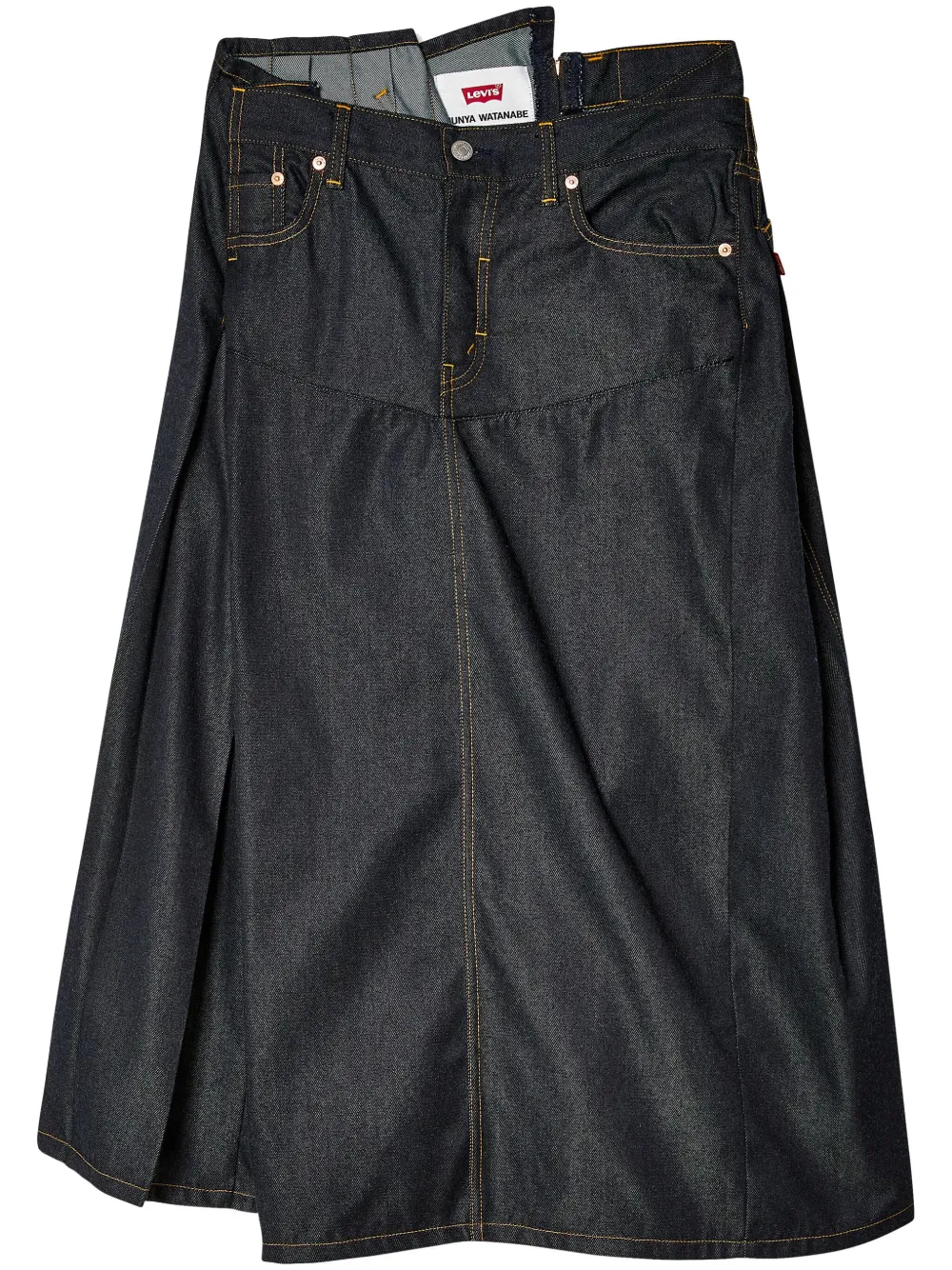 Shop Junya Watanabe Asymmetric Denim Midi Skirt In Blue