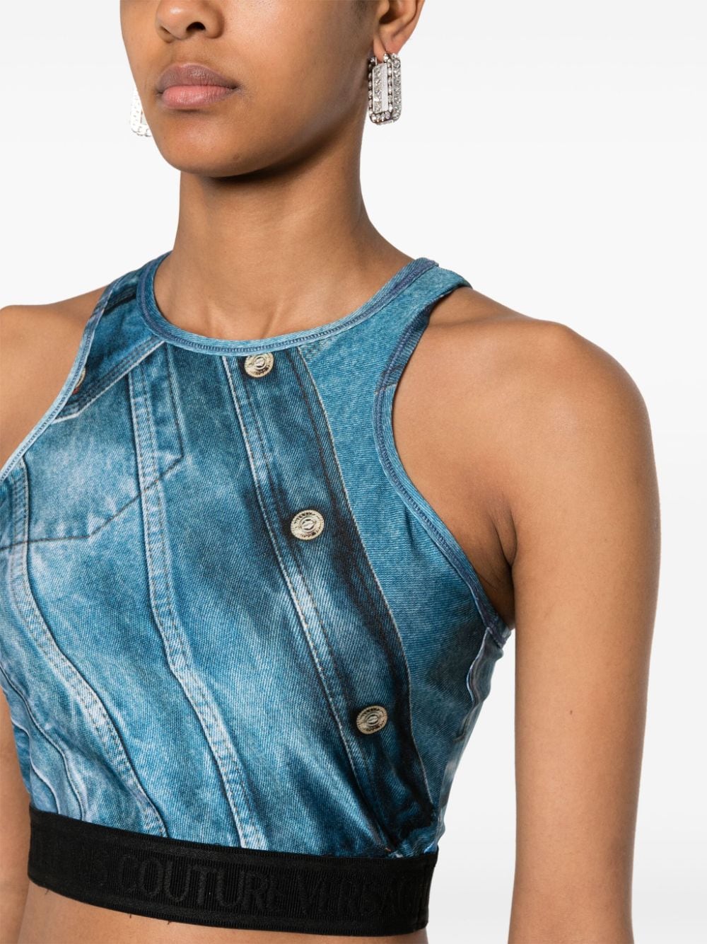 Shop Versace Jeans Couture Patch Denim Crop Top In Blue