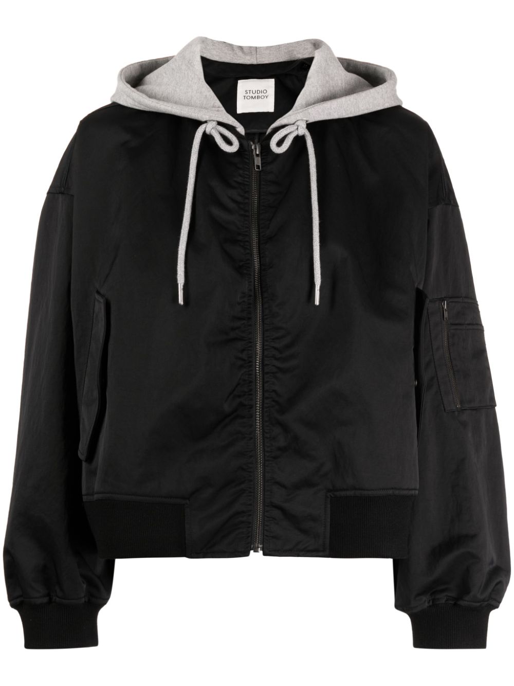 Studio Tomboy Ruched-detail Hooded Bomber Jacket In Black