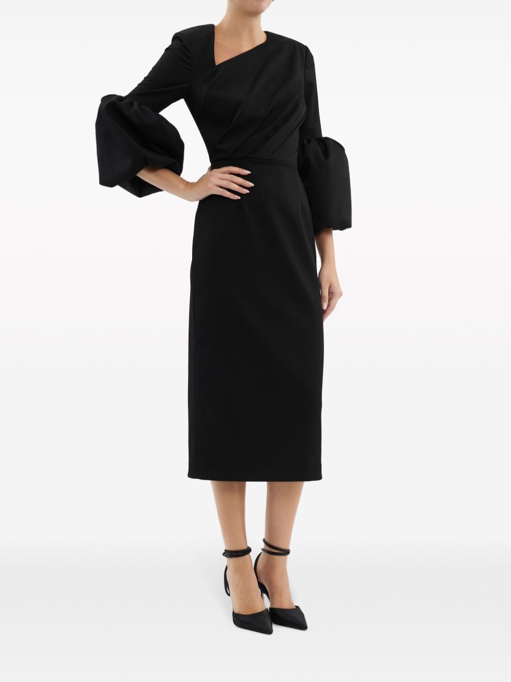 Shop Rebecca Vallance Augustine Puff-sleeve Midi Dress In Black