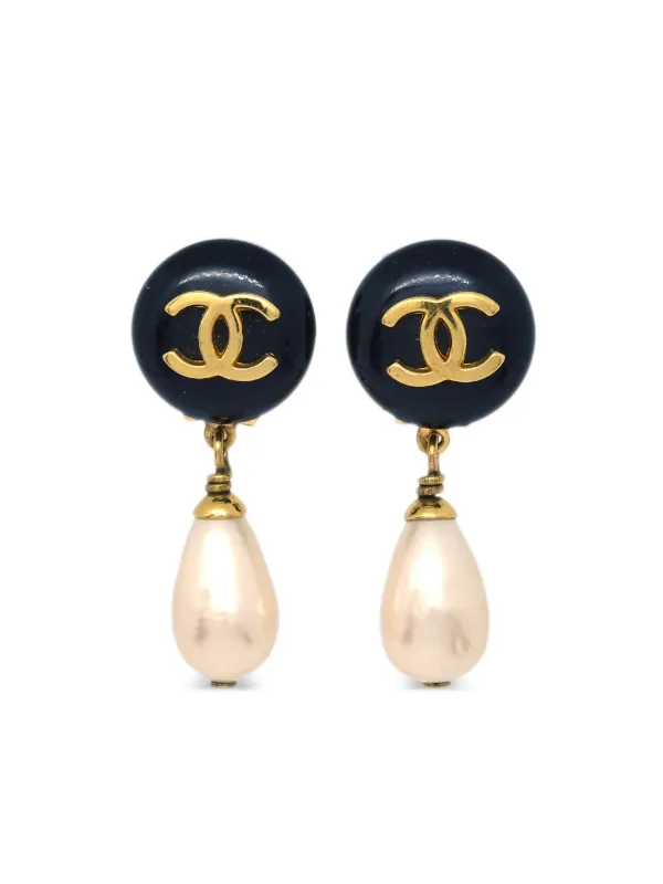 Chanel Pre-owned 1995 Cc-logo Pearl Clip-on Earrings in Black