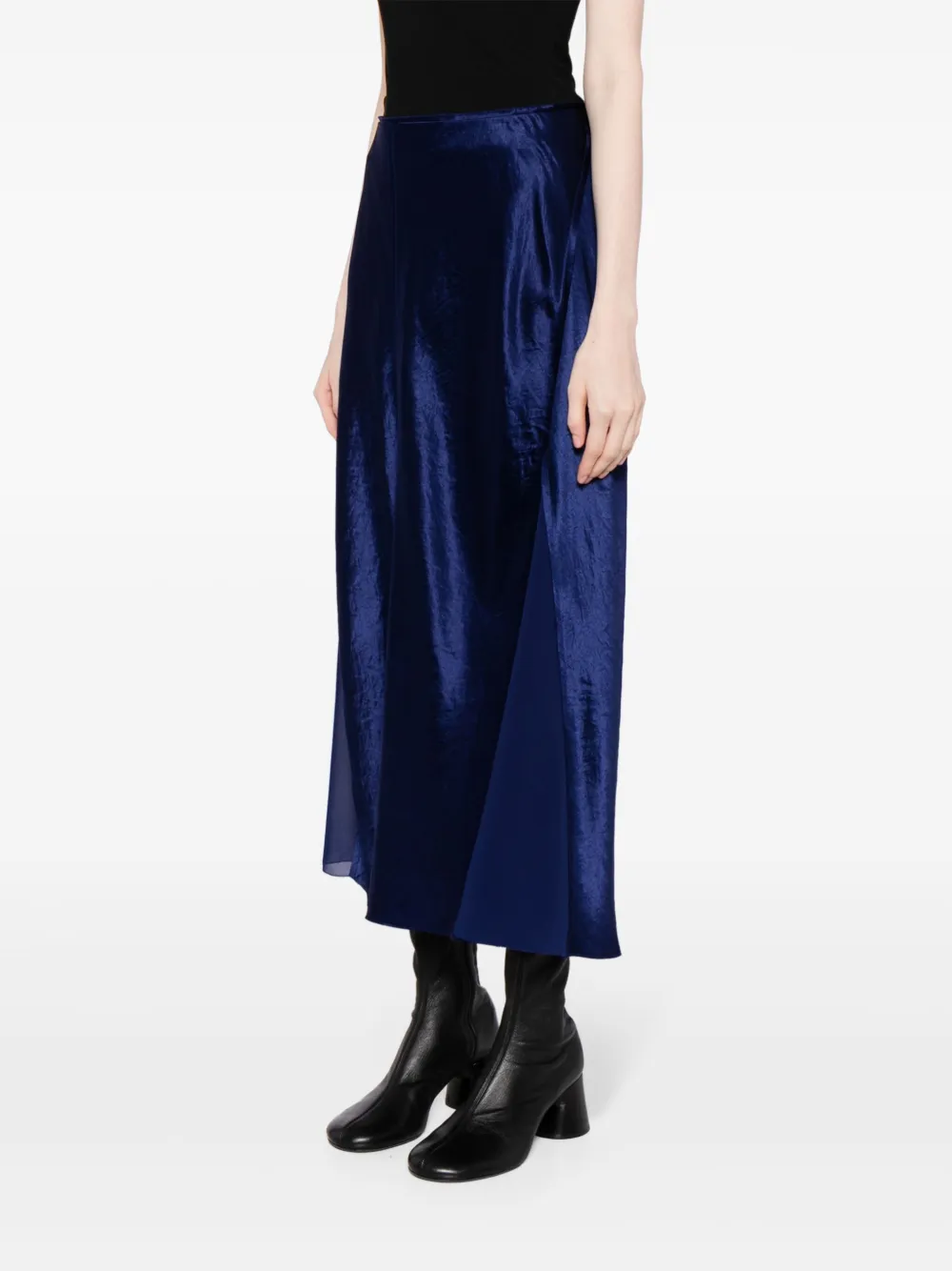 Shop Vince High-waisted Satin-finish Midi Skirt In Blue