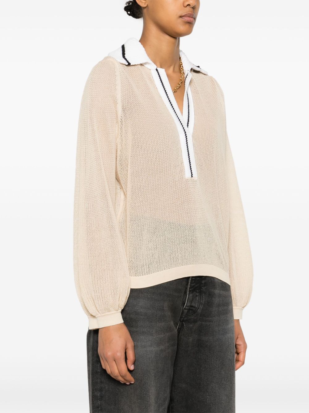 Shop Dorothee Schumacher Contrasting Collar Semi-sheer Knitted Blouse In 中性色