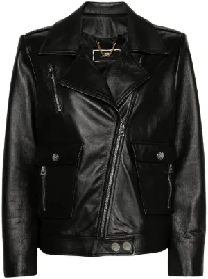 【ELISABETTA FRANCHI】レザー エフェクト ジャケット ロゴ付き Elisabetta Franchi contrasting-stitching Biker Jacket