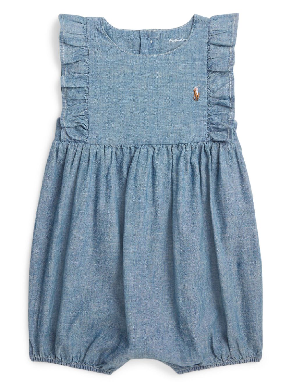 Ralph Lauren Babies' Polo Pony-embroidered Ruffle-trim Romper In Blue