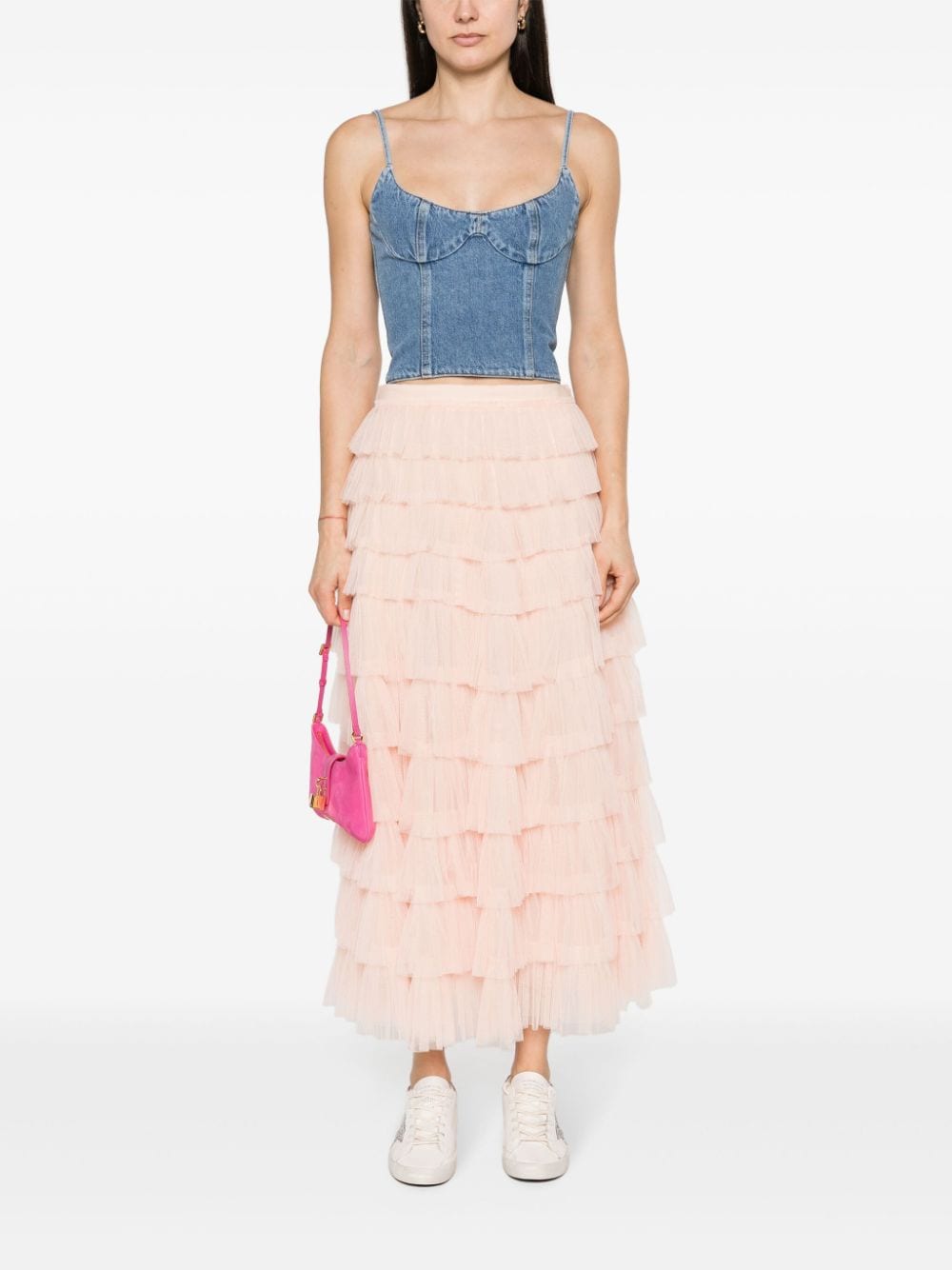 Shop Twinset Tiered Tulle Midi Skirt In Pink