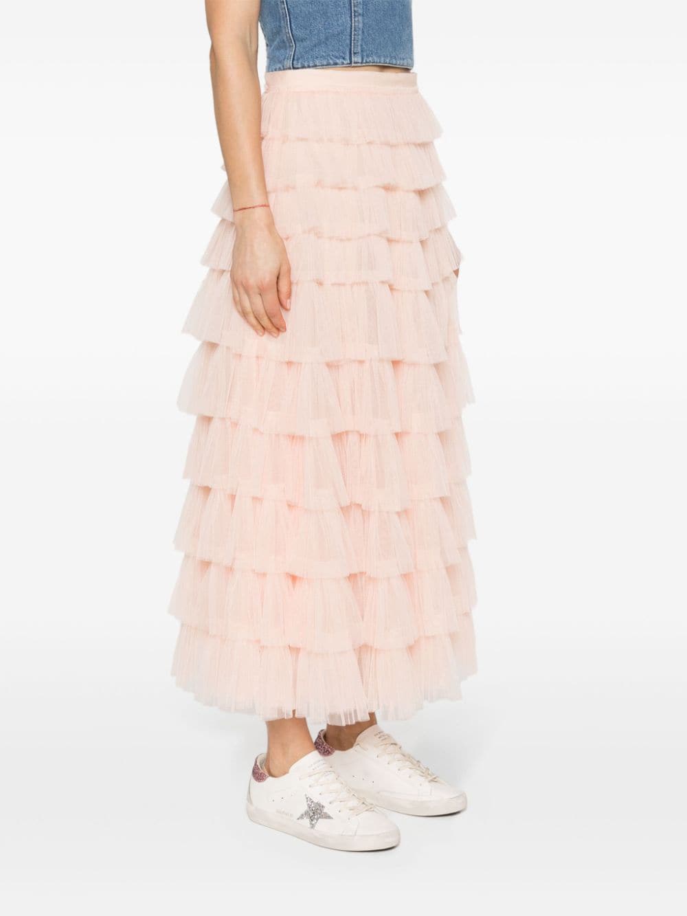 Shop Twinset Tiered Tulle Midi Skirt In Pink