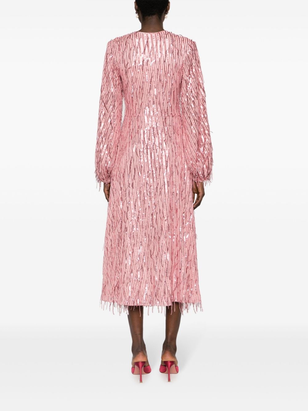 Shop Rotate Birger Christensen Fringed Sequin-embellished Maxi Dress In Pink