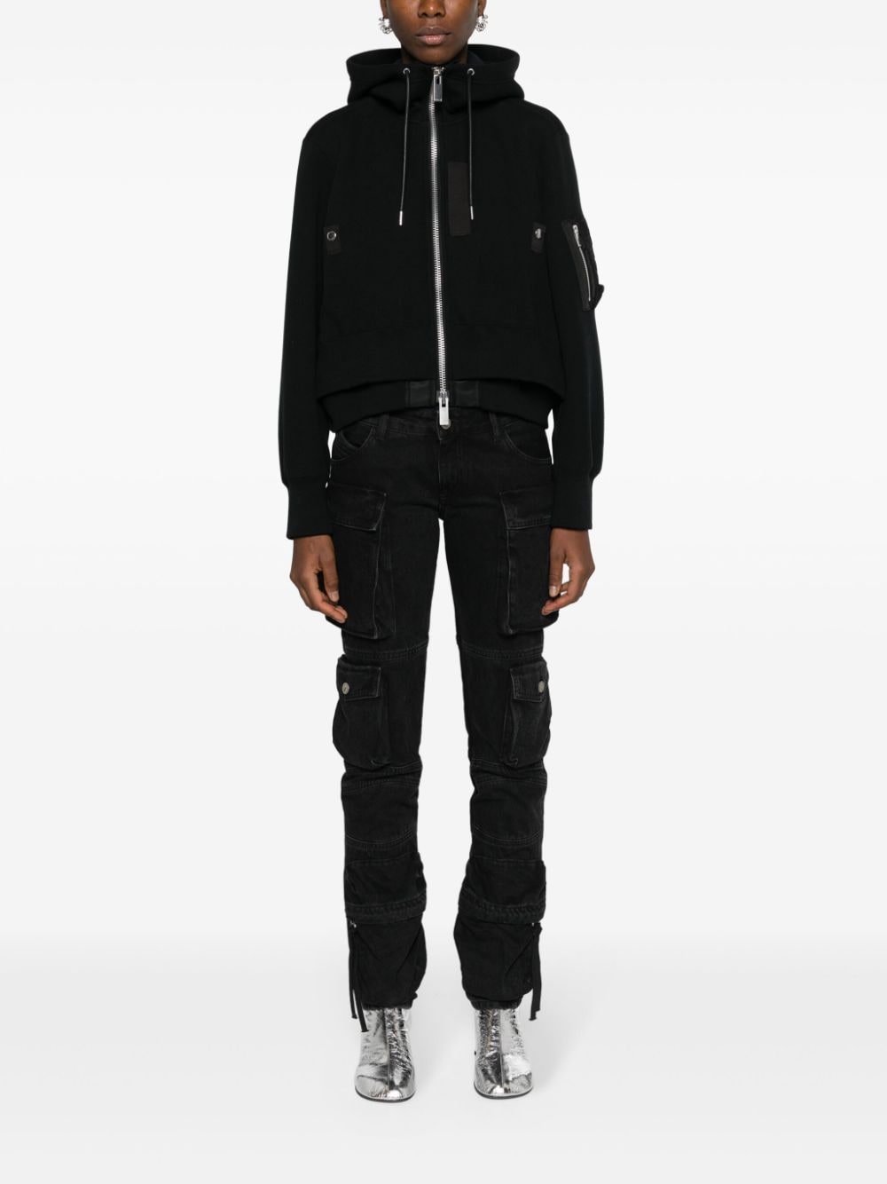 sacai layered jersey hooded jacket - Zwart