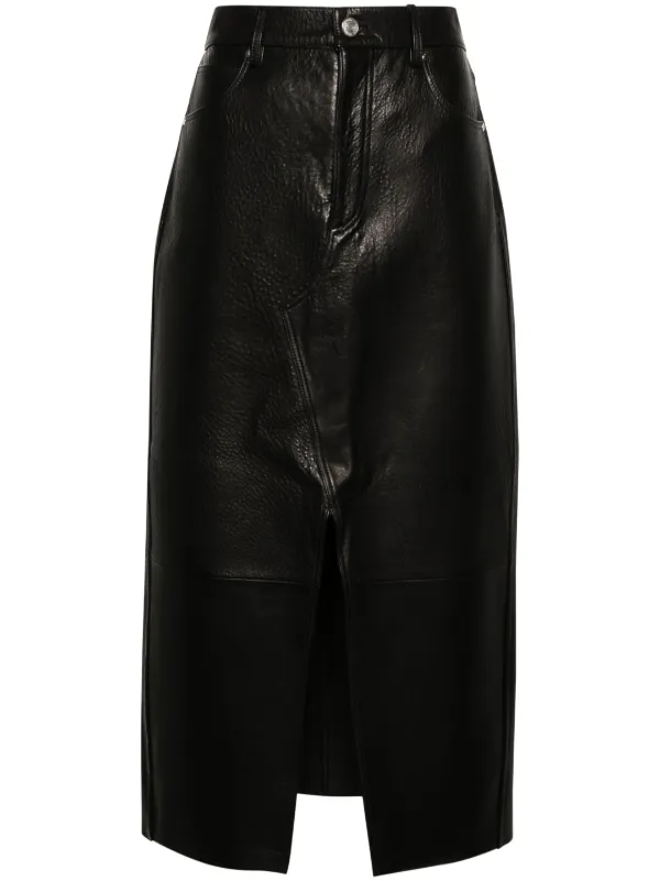 Frame Panelled Leather Midi Skirt in Black