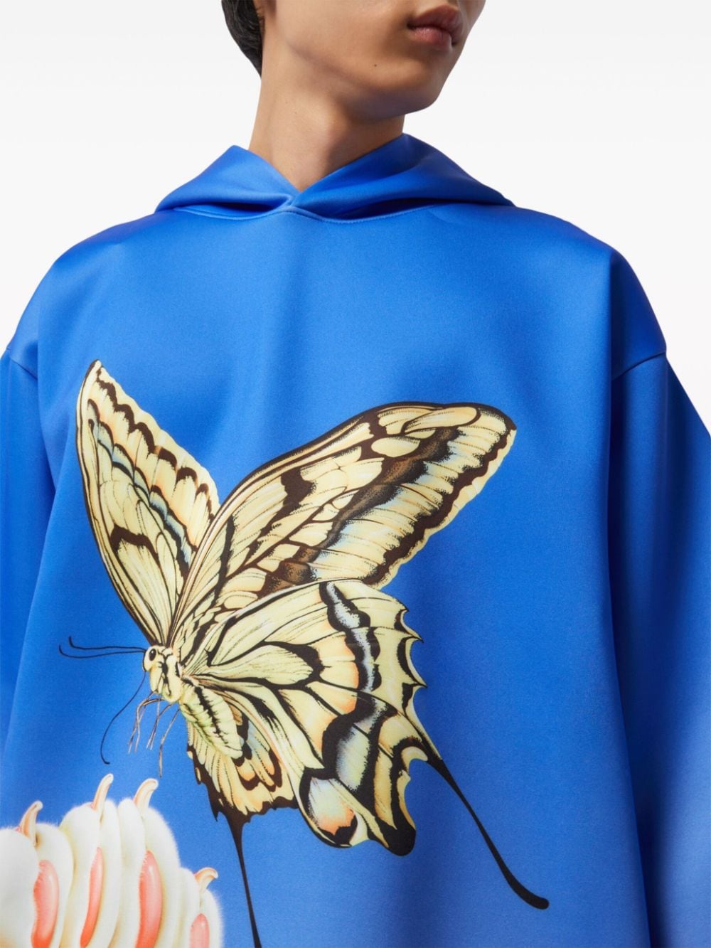 Shop Gucci Illustration-print Half-sleeves Hoodie In Blue