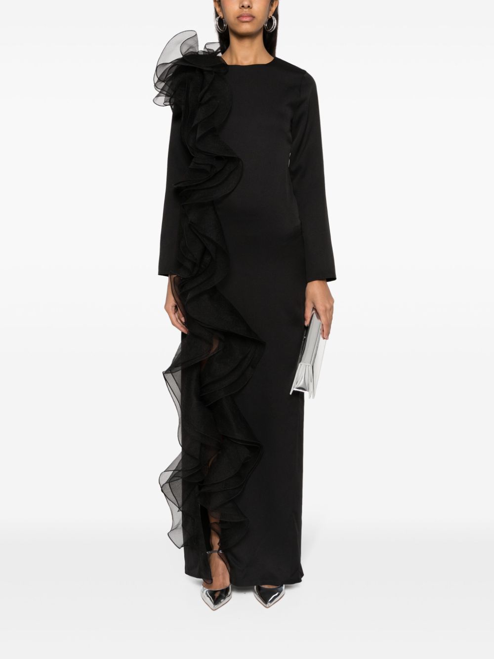 Shop Ana Radu Ruffled Long-sleeve Gown In Black