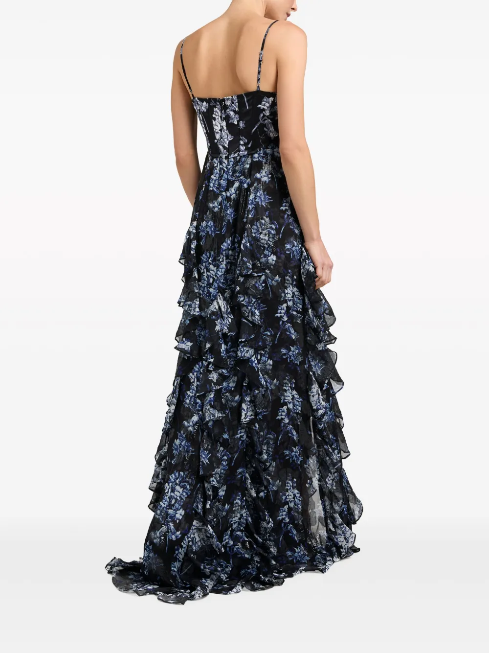 Shop Cinq À Sept Glenda Floral-print Ruffled Gown In Black