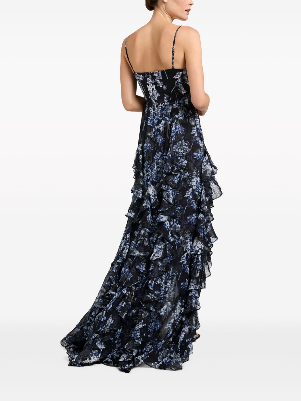 Shop Cinq À Sept Glenda Floral-print Ruffled Gown In Black