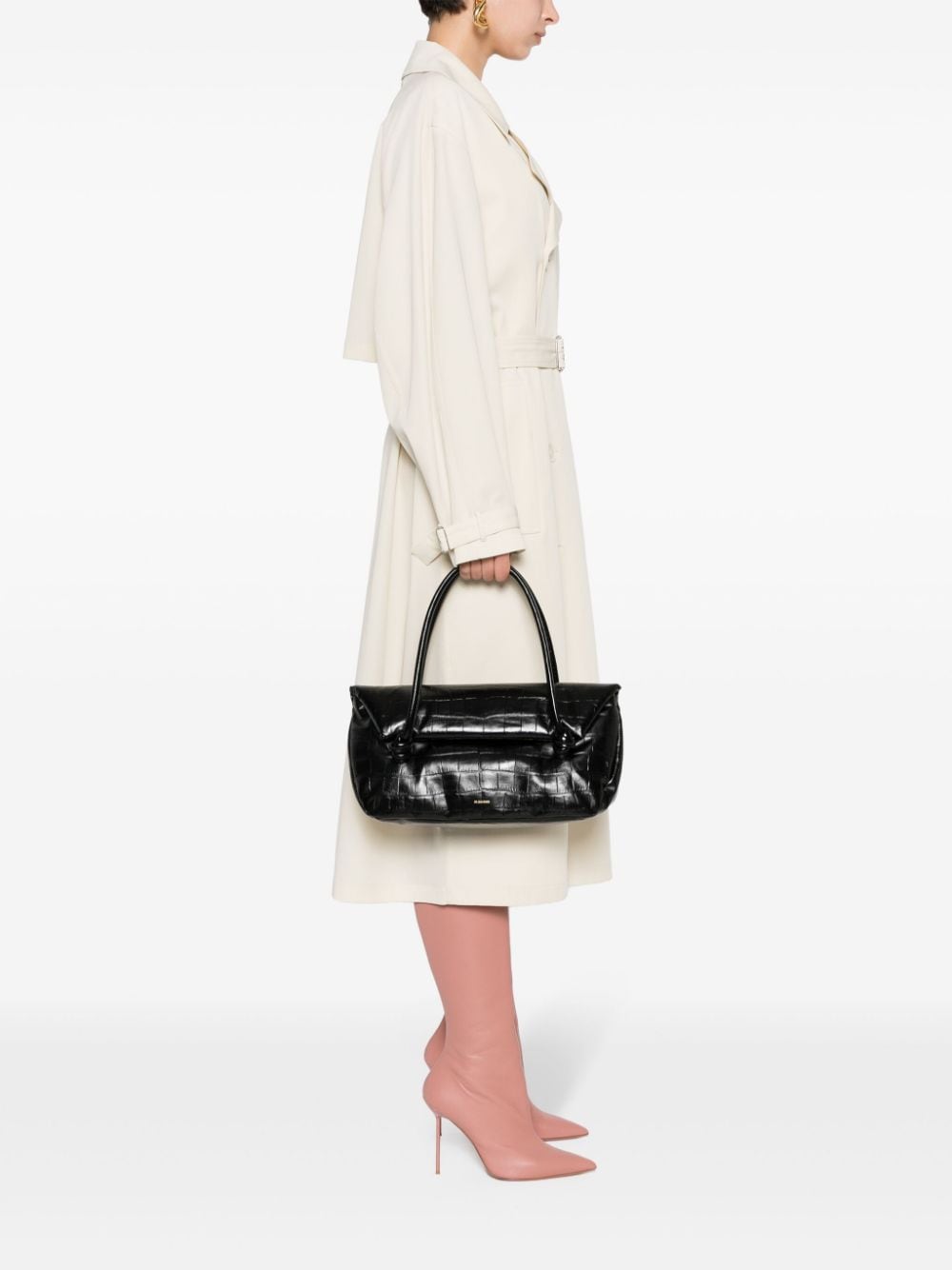 Shop Jil Sander Medium Crocodile-effect Shoulder Bag In 001 Black