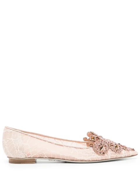 René Caovilla crystal-embellished lace ballerina shoes