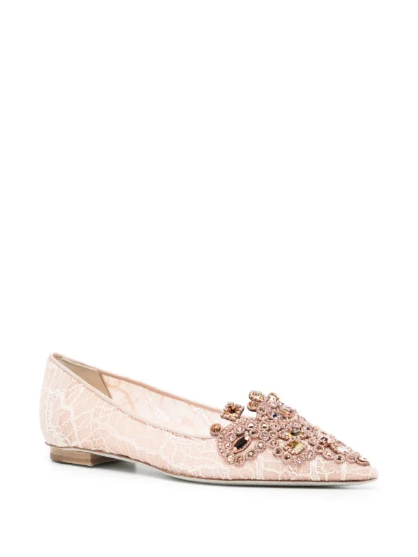 René Caovilla crystal-embellished Lace Ballerina Shoes Neutrals