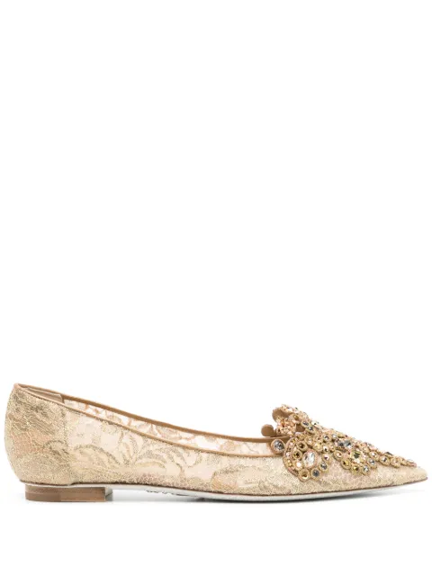 René Caovilla crystal-embellished lace ballerina shoes