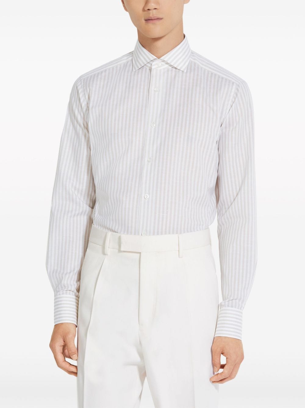 Shop Zegna Striped Centoventimila Cotton-linen Shirt In Neutrals