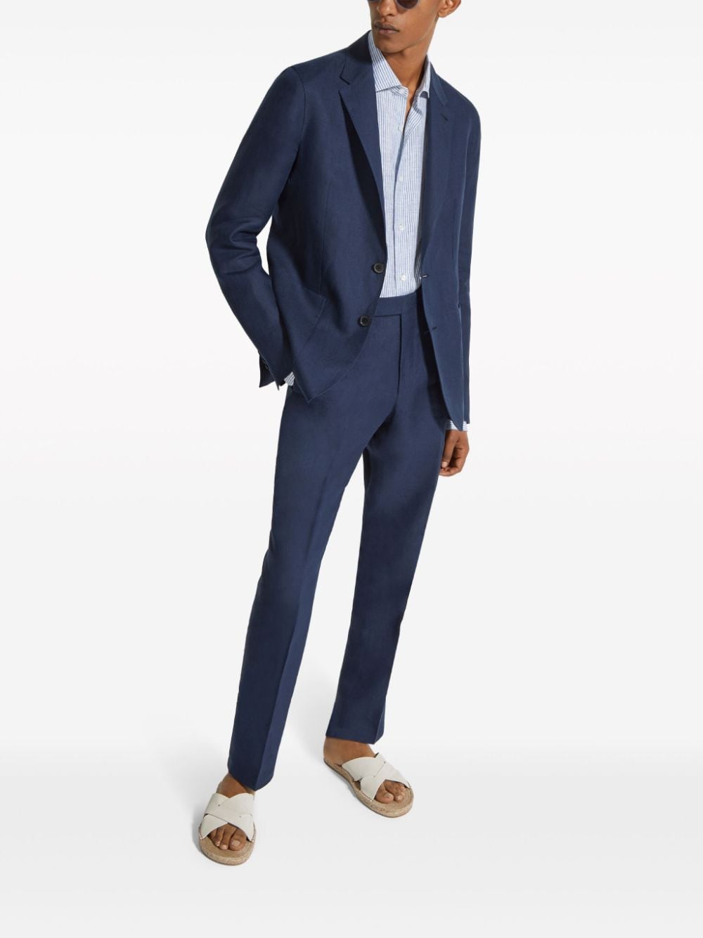 Shop Zegna Oasi Tapered-leg Linen Trousers In Blue