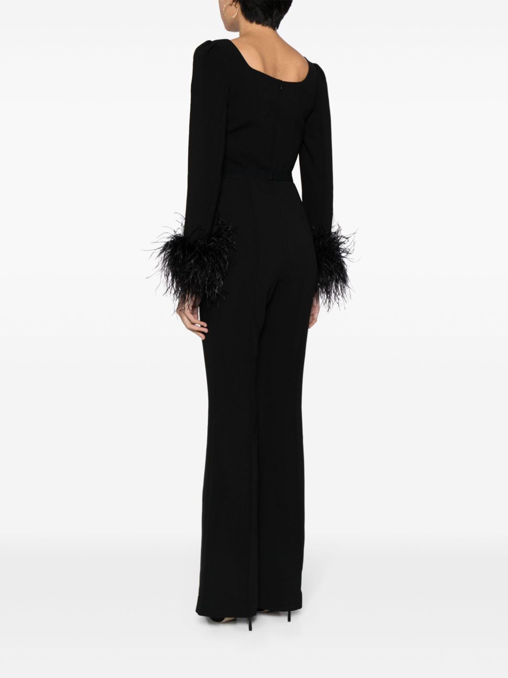 Shop Self-portrait Feather-trim Flared Jumpsuit In Black