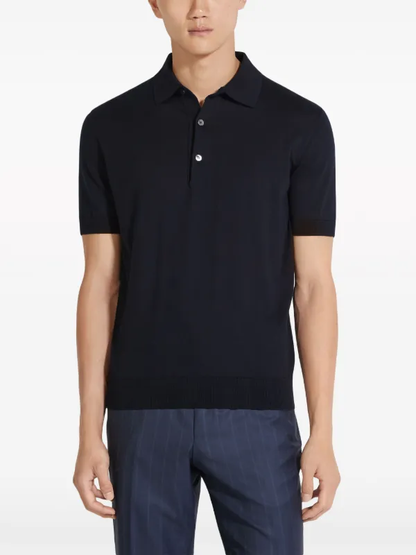 Zegna ribbed-trim Cotton Polo Shirt | Blue | FARFETCH