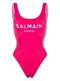 Balmain embroidered-logo scoop-back swimsuit - Pink