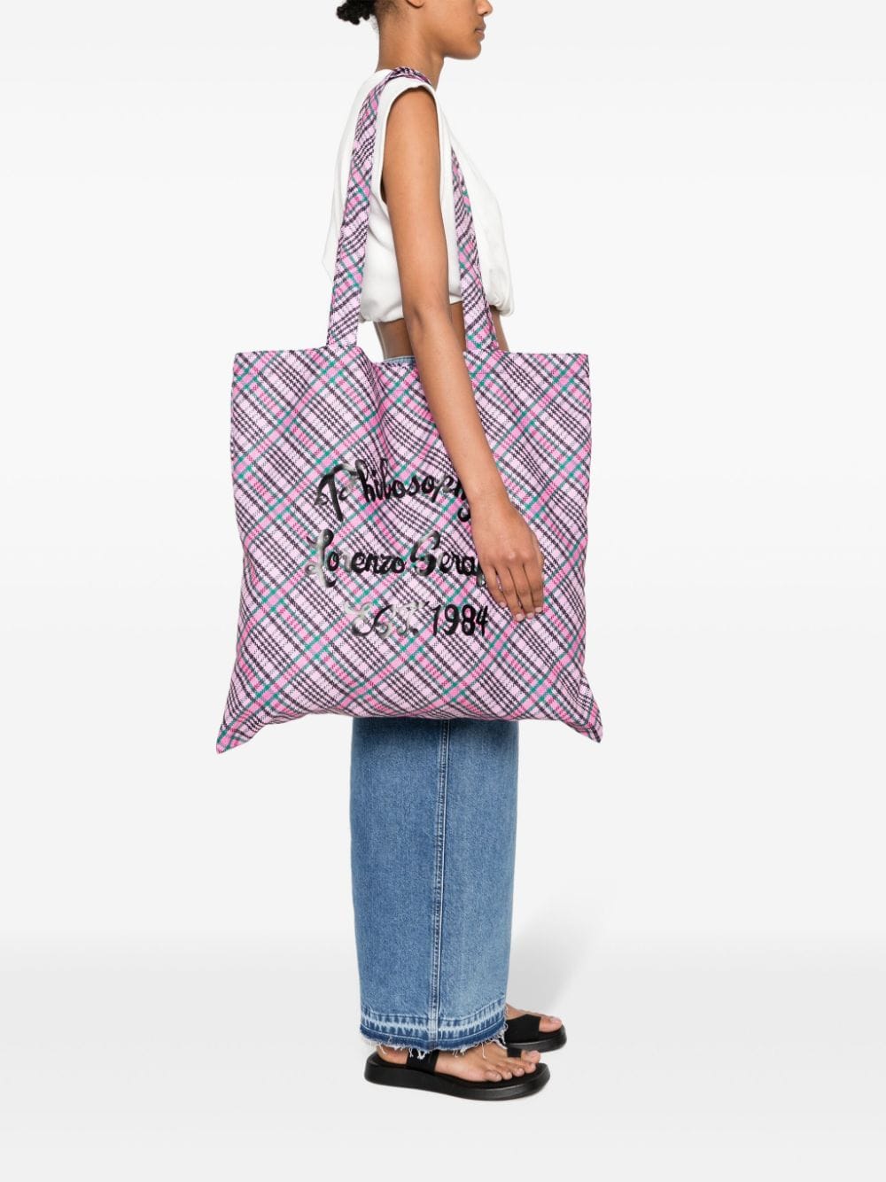 Shop Philosophy Di Lorenzo Serafini Logo-print Check Beach Bag In Pink