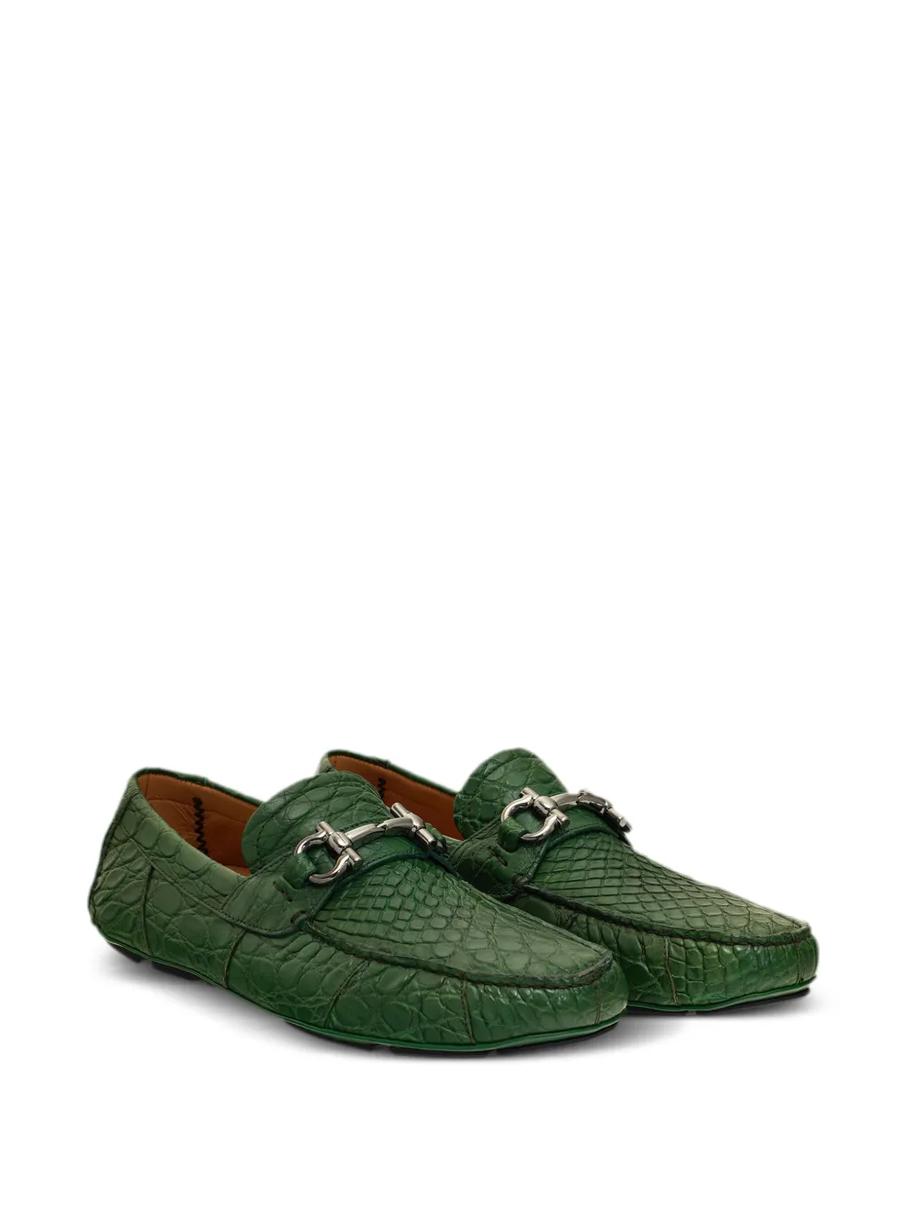 Shop Ferragamo Gancini-plaque Leather Loafers In Green