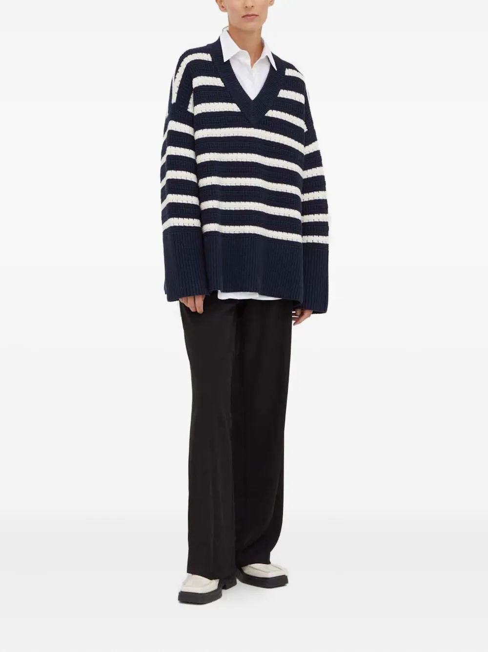 Samsoe & Samsoe Striped V-neck Sweater In Blue
